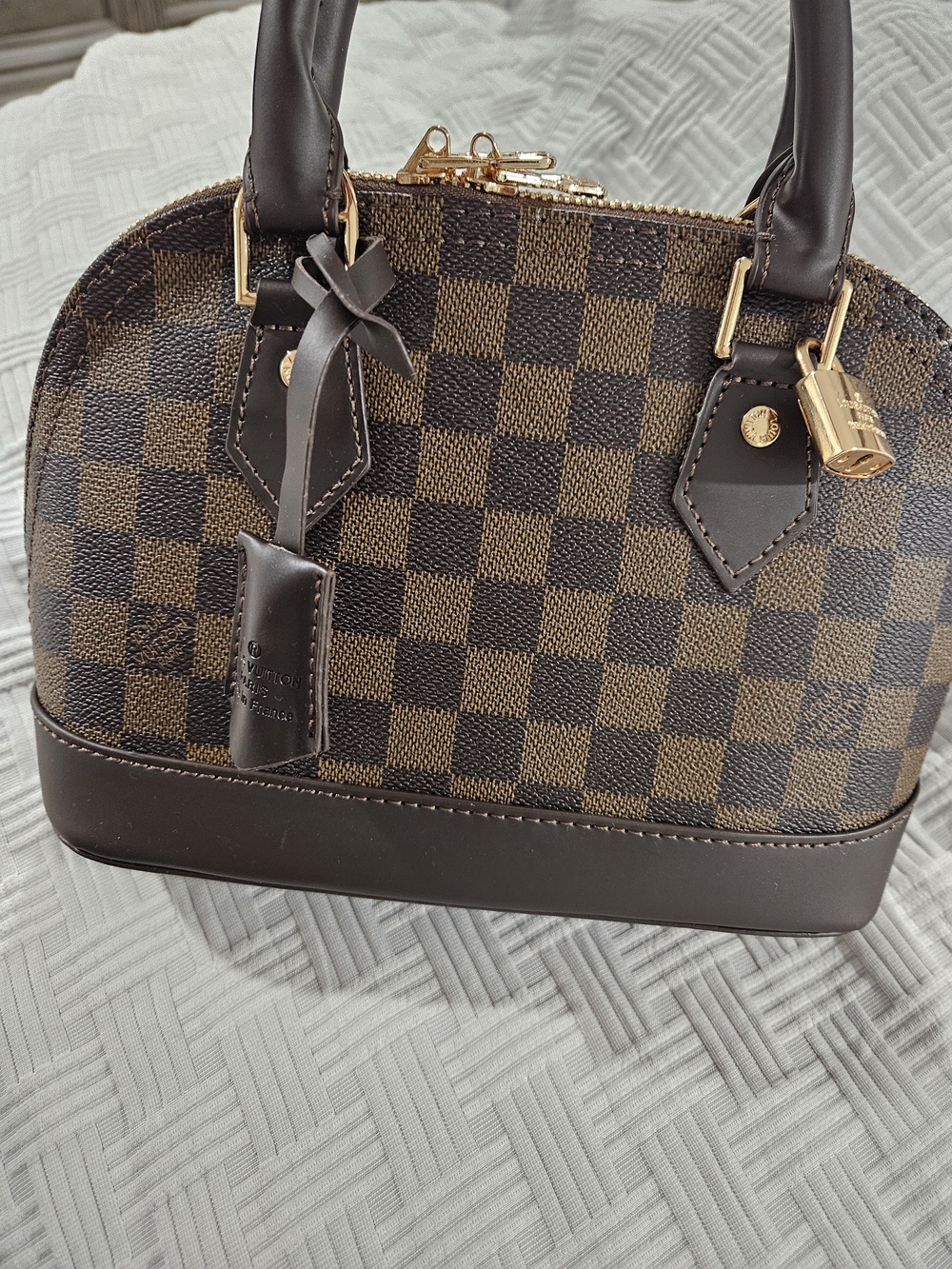 Brown Checkered Dome Satchel Fashion Bag - Picture 11 of 14